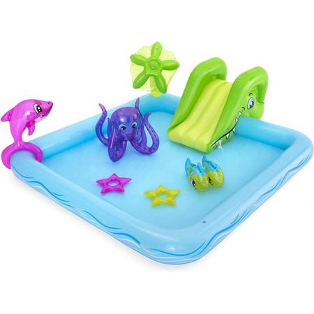 Opblaasbaar baby zwembad met glijbaan, fontein en waterstraal, 239x206x86cm met opblaasbare dolfijn, vis, octopus en ringen